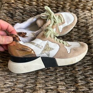 ShuShop Women's Sneakers with Gold and Tan Details